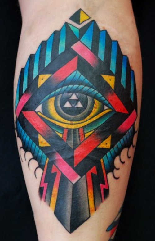 Colored Illuminati Eye Tattoo On Back Leg